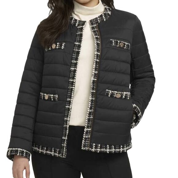 Anne Klein jacket black quilted tweed trim outerwear - Picture 1 of 5